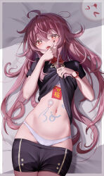 Rule 34 | 1girl, absurdres, akanbe, black nails, blush, bodypaint, boo tao (genshin impact), brown hair, clothes lift, eyelid pull, genshin impact, highres, hu tao (genshin impact), long hair, looking at viewer, navel, open mouth, red eyes, solo, stomach, symbol-shaped pupils, tongue, tongue out, ttkaki, twintails, very long hair