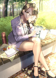 Rule 34 | 1girl, amatouoda, bad id, bad twitter id, bag, bento, breasts, brown eyes, brown hair, bush, chopsticks, cleavage, collared shirt, earrings, food, formal, glasses, high heels, highres, holding, holding chopsticks, jewelry, lapels, large breasts, looking at viewer, lunchbox, notched lapels, office lady, original, outdoors, over-rim eyewear, pantyhose, pencil skirt, rice, see-through, see-through legwear, semi-rimless eyewear, shirt, shoulder bag, sitting, skirt, skirt suit, smile, solo, stud earrings, suit, thermos, tights day, tree, watch, wristwatch