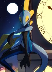 Rule 34 | building, clock, clock tower, commentary request, creatures (company), game freak, gen 8 pokemon, half-closed eyes, highres, inteleon, leg up, looking down, moon, night, nintendo, outdoors, pokemon, pokemon (creature), signature, sitting, sky, solo, star (sky), tower, yellow eyes, zymonasyh