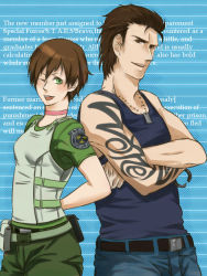 Rule 34 | arms behind back, belt, billy coen, black hair, body armor, brown eyes, brown hair, choker, crossed arms, green eyes, jewelry, necklace, open mouth, pants, police, police uniform, r-541-e, rebecca chambers, resident evil, resident evil 0, short hair, suwa (pixiv602044), tattoo, uniform, wink