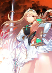 Rule 34 | 1girl, absurdres, armor, armpits, blonde hair, breasts, cloud, cloudy sky, dress, earrings, gloves, gold trim, green322, hand on own hip, highres, jewelry, large breasts, long hair, mythra (xenoblade), nintendo, one eye closed, perspective, red sky, serious, sky, sparkle, sword, tiara, v-shaped eyebrows, weapon, xenoblade chronicles (series), xenoblade chronicles 2, yellow eyes