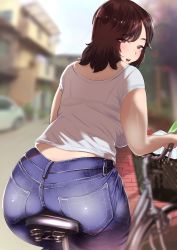 Rule 34 | 1girl, ass, bicycle, blurry, blurry background, blush, breasts, brown eyes, brown hair, denim, highres, huge ass, jeans, large breasts, looking at viewer, looking back, medium hair, mole, mole under eye, open mouth, original, outdoors, pants, plump, shirt, short sleeves, sitting, solo, takayafu, thick thighs, thighs, tight clothes, tight pants, white shirt, wide hips