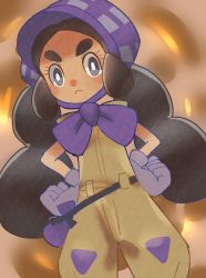 Rule 34 | 1girl, :&lt;, black hair, bonnet, closed mouth, commentary request, creatures (company), eyelashes, game freak, gloves, grey eyes, hands on own hips, hapu (pokemon), island kahuna, jumpsuit, long hair, looking at viewer, nintendo, one-hour drawing challenge, pokemon, pokemon sm, shugara, solo, thick eyebrows, twintails
