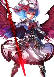 Rule 34 | 1girl, adapted costume, armor, armored dress, ascot, bat wings, blue hair, blush, curiosities of lotus asia, dress, faulds, female focus, gauntlets, greaves, hat, hat ribbon, highres, karlwolf, light purple hair, ornate clothing, pauldrons, red eyes, remilia scarlet, ribbon, short hair, shoulder armor, simple background, skirt, skirt set, smile, solo, spear the gungnir, touhou, weapon, white background, wings