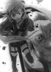 Rule 34 | 10s, 1boy, 1girl, anti-materiel rifle, behemoth (sao), black shorts, bolt action, bunbun, clenched teeth, greyscale, gun, hair ornament, hairclip, highres, holding, holding gun, holding weapon, jacket, monochrome, novel illustration, official art, open clothes, open jacket, open mouth, pgm hecate ii, riffle, rifle, scarf, short hair with long locks, short shorts, shorts, sidelocks, sinon, sniper rifle, sword art online, teeth, thigh strap, thighs, weapon