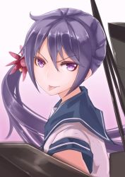 Rule 34 | 10s, 1girl, akebono (kancolle), bell, essa sazhka, flower, gradient background, hair bell, hair flower, hair ornament, highres, jingle bell, kantai collection, long hair, looking at viewer, purple eyes, purple hair, side ponytail, solo, tongue