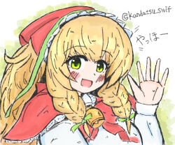 Rule 34 | 1girl, bell, blonde hair, blush, bonnet, bow, bowtie, braid, cape, commentary request, eliisa (mahjong soul), green eyes, hat, kandatsu swif, long hair, long sleeves, looking at viewer, mahjong soul, medium bangs, neck bell, open mouth, red bow, red bowtie, red cape, red hat, shirt, smile, solo, translation request, twin braids, twitter username, upper body, waving, white background, white shirt