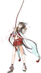 Rule 34 | 1girl, arrow (projectile), bow (weapon), brown hair, detached sleeves, flipped hair, from side, full body, green eyes, hair between eyes, hat, head tilt, highres, holding, holding arrow, holding bow (weapon), holding weapon, kazune (baumkuchen), long hair, midriff, official art, oshiro project:re, oshiro project:re, pleated skirt, sakurao (oshiro project), simple background, skirt, solo, standing, transparent background, very long hair, weapon