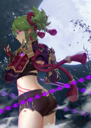Rule 34 | 1girl, absurdres, armor, ass, back, black shorts, body markings, closed mouth, crop top, dagger, earrings, fingerless gloves, from behind, genshin impact, gloves, green hair, highres, holding, holding dagger, holding knife, holding mask, holding weapon, jewelry, knife, kuki shinobu, linreplica, looking at viewer, mask, midriff, motion blur, nail polish, outdoors, ponytail, purple eyes, purple nails, rope, shimenawa, short shorts, shorts, shoulder armor, sideways glance, solo, standing, tassel, tassel earrings, thighs, unworn mask, vision (genshin impact), weapon, wind