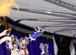 Rule 34 | amusement ride, artist request, blonde hair, blue dress, blue hair, bow, brown hair, centrifugal force, character request, cirno, dress, hair bow, multiple girls, parody, rotor (ride), source request, standing, tagme, toes