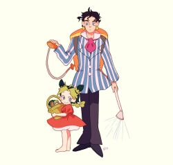 1boy 1girl absurdres barefoot black_hair bloomers blue_eyeshadow cosplay dress ermes_costello eyeshadow father_and_daughter foo_fighters_(jojo) fujimoto_(ponyo) fujimoto_(ponyo)_(cosplay) full_body gake_no_ue_no_ponyo height_difference highres holding jojo_no_kimyou_na_bouken kitchupsandwich kuujou_jolyne kuujou_joutarou makeup ponyo ponyo_(cosplay) red_dress shirt simple_background smile stone_ocean striped_clothes striped_shirt underwear vertical-striped_clothes vertical-striped_shirt white_background