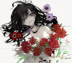 Rule 34 | 1girl, black hair, blood, blood from mouth, blood on face, breasts, dress, empty eyes, floating hair, flower, glitch, grey eyes, highres, long hair, looking at viewer, mole, mole on breast, mole under eye, mole under mouth, narue, original, parted lips, purple flower, simple background, solo, white background, white dress, white flower