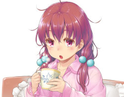 Rule 34 | 1girl, :o, blush, brown hair, cup, hair ornament, holding, holding cup, jpeg artifacts, komase (jkp423), low twintails, messy hair, mug, open mouth, pajamas, pillow, purple eyes, solo, steam, twintails, upper body