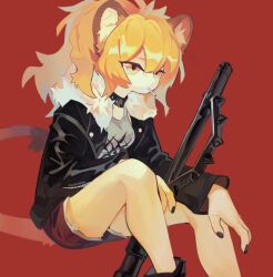 Rule 34 | 1girl, animal ears, arknights, black choker, black footwear, black jacket, black nails, black shorts, blonde hair, candy, choker, closed mouth, commentary request, feet out of frame, food, grey shirt, invisible chair, jacket, lion ears, lion girl, lion tail, lollipop, long hair, long sleeves, moonagvaze, mouth hold, nail polish, notice lines, open clothes, open jacket, red background, shirt, shorts, siege (arknights), signature, simple background, sitting, solo, tail, tank top, yellow eyes