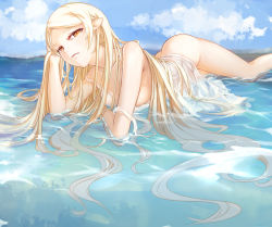 Rule 34 | 1girl, ass, blonde hair, breasts, butt crack, elbow rest, fang, kiss-shot acerola-orion heart-under-blade, long hair, looking at viewer, lying, lying on water, monogatari (series), no bra, no panties, ocean, on stomach, oshino shinobu, pointy ears, see-through, shionji ax, solo, strap slip, very long hair, water, wet, wet clothes, yellow eyes