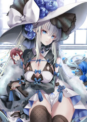 Rule 34 | 1girl, 2girls, akatsuki hijiri, baobhan sith (fate), black bow, black gloves, black thighhighs, blue eyes, bow, braid, breasts, cleavage, closed mouth, dress, fate/grand order, fate (series), flower, folding fan, french braid, gloves, grey hair, hair between eyes, hair bow, hand fan, hat, highres, large breasts, long dress, long hair, long sleeves, looking at viewer, morgan le fay (fate), multiple girls, pink hair, ponytail, sidelocks, simple background, solo, stuffed toy, thighhighs, thighs, very long hair, white dress, white hat, witch hat