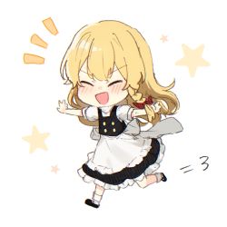 Rule 34 | 1girl, apron, arms up, bad id, bad twitter id, black dress, black footwear, blonde hair, blush, bow, braid, buttons, closed eyes, dress, hair between eyes, hair bow, hands up, highres, jill 07km, kirisame marisa, leg up, long hair, no headwear, open mouth, puffy short sleeves, puffy sleeves, red bow, running, shirt, shoes, short sleeves, single braid, smile, socks, solo, star (symbol), starry background, touhou, white apron, white background, white shirt, white sleeves, white socks