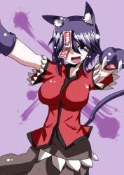 Rule 34 | 1girl, :d, animal ears, breasts, cat ears, cat girl, cat tail, claws, female focus, jiangshi, kemonomimi mode, large breasts, miyako yoshika, no headwear, no headwear, ofuda, open mouth, outstretched arms, purple eyes, purple hair, short hair, skirt, smile, solo, tail, takorice, touhou