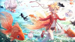 Rule 34 | 1boy, aroeruji3, black footwear, black shorts, blonde hair, blue eyes, bubble, city, fins, fish, fish tail, flower, goldfish, highres, kagamine len, looking at viewer, male focus, red footwear, rooftop, short shorts, shorts, smile, solo, tail, thighhighs, underwear, vocaloid, white flower