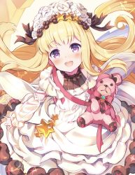 Rule 34 | 1girl, :d, animal bag, bear bag, black ribbon, blonde hair, cagliostro (granblue fantasy), commentary request, dot nose, dress, flower, food, frilled dress, frills, granblue fantasy, hair flower, hair ornament, hair ribbon, hairband, highres, in food, lolita hairband, long hair, long sleeves, off shoulder, open mouth, pilokey, purple eyes, ribbon, rose, simple background, smile, solo, star (symbol), star hair ornament, white background, white dress, white flower, white rose