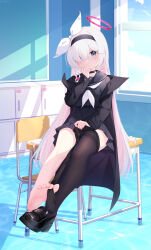 Rule 34 | 1girl, absurdres, akovo, barefoot, black choker, black coat, black eyes, black footwear, black sailor collar, black skirt, black thighhighs, blue archive, blush, chair, choker, coat, colored inner hair, desk, feet, hair over one eye, halo, highres, long hair, long sleeves, looking at viewer, multicolored hair, neckerchief, parted lips, pink hair, plana (blue archive), pleated skirt, red halo, sailor collar, school chair, school desk, shoes, sitting, skirt, soles, solo, thighhighs, toes, white hair, white neckerchief