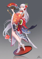 Rule 34 | 1girl, absurdres, fintowing, food fantasy, full body, hair ornament, hand fan, highres, japanese clothes, katana, long hair, looking at viewer, pale skin, plate, solo, stirrup legwear, sushi (food fantasy), sword, tattoo, toeless legwear, weapon, white hair, yellow eyes