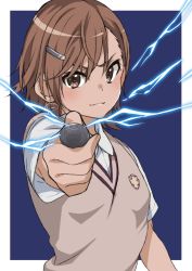 Rule 34 | 1girl, action, aiming, aiming at viewer, attack, blouse, blue background, blush, border, brown eyes, brown hair, brown vest, closed mouth, coin, commentary request, electricity, electrokinesis, psychic, fantasy, hair ornament, hairclip, highres, holding, holding coin, incoming attack, looking at viewer, misaka mikoto, nyanmaru (ememing), outside border, outstretched arm, psychic, school uniform, science fiction, shirt, short hair, short sleeves, simple background, smile, solo, sweater vest, toaru kagaku no railgun, toaru majutsu no index, tokiwadai school uniform, upper body, vest, white border, white shirt