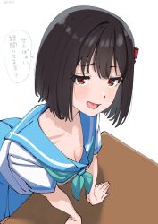 Rule 34 | 1girl, black hair, blue sailor collar, blue skirt, blush, bow, breasts, cleavage, collarbone, green neckerchief, hair bow, hibike! euphonium, highres, hisaishi kanade, hizikit, japanese text, kitauji high school uniform, looking at viewer, medium breasts, neckerchief, open mouth, red bow, red eyes, sailor collar, school uniform, serafuku, shirt, skirt, speech bubble, table, translation request, white shirt
