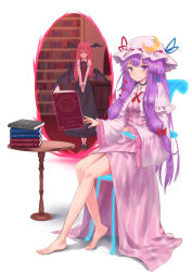 Rule 34 | 2girls, barefoot, black choker, black dress, black footwear, blue ribbon, blush, book, bookshelf, bow, breasts, capelet, chair, choker, commentary request, crescent, crescent hair ornament, demon wings, dress, frilled capelet, frills, full body, hair bow, hair ornament, hair ribbon, hat, hat ribbon, head wings, highres, juliet sleeves, koakuma, long hair, long sleeves, looking at viewer, mob cap, multiple girls, neck ribbon, patchouli knowledge, pink dress, puffy sleeves, purple eyes, purple hair, red bow, red eyes, red hair, red ribbon, ribbon, ribbon trim, roke (taikodon), shadow, shirt, sidelocks, sitting, small breasts, standing, striped clothes, striped dress, table, thighs, touhou, v arms, vertical-striped clothes, vertical-striped dress, very long hair, white shirt, wide sleeves, wings