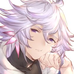 Rule 34 | 1boy, ahoge, bishounen, closed mouth, fate/grand order, fate (series), hair between eyes, hair ornament, head rest, light purple hair, long hair, male focus, merlin (fate/stay night), mirei kh13, purple eyes, simple background, solo, turtleneck, upper body, white background