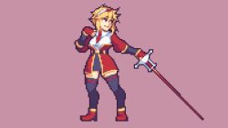 Rule 34 | 1girl, bad id, bad twitter id, blonde hair, breasts, buskhusker, full body, hairband, hand on own chest, highres, looking to the side, necktie, original, pixel art, rapier, red eyes, red footwear, red sleeves, skirt, smile, solo, sword, thighhighs, weapon