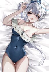 Rule 34 | 1girl, arm up, armpits, bare arms, bare shoulders, bed sheet, black one-piece swimsuit, blue archive, blue bow, blue halo, blush, bow, breasts, cleavage, collarbone, covered navel, cowboy shot, fang, frilled one-piece swimsuit, frills, grey hair, groin, hair between eyes, hair bow, halo, highres, indoors, long hair, looking at viewer, lying, medium breasts, miyako (blue archive), miyako (swimsuit) (blue archive), off-shoulder one-piece swimsuit, off shoulder, official alternate costume, on back, on bed, one-piece swimsuit, open mouth, ponytail, purple eyes, sidelocks, skin fang, solo, swimsuit, thighs, upper body, ya ta