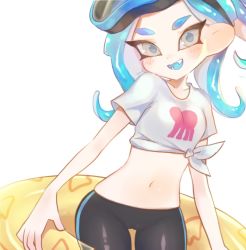 Rule 34 | 1girl, :d, bad id, bad twitter id, bike shorts, black shorts, blue hair, blush, breasts, cameltoe, collarbone, cowboy shot, fang, female focus, goggles, goggles on head, grey eyes, holding, holding swim ring, innertube, jtveemo, long hair, looking at viewer, midriff, navel, nintendo, octoling, octoling girl, octoling player character, open mouth, shirt, short sleeves, shorts, simple background, small breasts, smile, solo, splatoon (series), splatoon 2, stomach, suction cups, swim ring, t-shirt, tentacle hair, tied shirt, white background, white shirt, yellow innertube