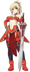 Rule 34 | 1girl, armor, bare shoulders, blonde hair, blush, braid, breasts, clarent (fate), commentary request, detached sleeves, fate/grand order, fate (series), green eyes, hair ornament, hand on own hip, holding, long hair, looking at viewer, medium breasts, mordred (fate), mordred (fate/apocrypha), navel, pelvic curtain, ponytail, red footwear, red scrunchie, red sleeves, scrunchie, shiseki hirame, shoes, simple background, smile, solo, sword, weapon