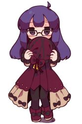 Rule 34 | 1girl, ahoge, black bow, black pants, blush, boots, bow, coat, commentary request, e.g.o (project moon), employee (project moon), empty eyes, footwear bow, full body, glasses, hat, holding, holding clothes, holding hat, hoshizuki sakusa, lobotomy corporation, long hair, long sleeves, open clothes, open coat, pants, project moon, purple eyes, purple hair, red footwear, red hat, red vest, simple background, solo, standing, sweat, unworn hat, unworn headwear, vest, white background