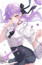 Rule 34 | 1girl, anoa, bag, black bow, black choker, black skirt, bow, breasts, choker, collared shirt, commentary request, cup, dress shirt, floating hair, gem, hair bow, handbag, hands up, highres, long hair, original, parted lips, puffy short sleeves, puffy sleeves, purple gemstone, purple hair, shirt, short sleeves, skirt, small breasts, solo, white background, white shirt, yellow eyes