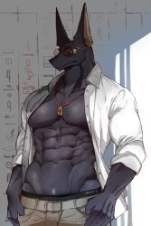 Rule 34 | 1boy, abs, animal ears, animal head, anubis (mythology), bara, bare pectorals, black male underwear, black skin, colored skin, contemporary, cowboy shot, dot pupils, dougaku (passionpit777), egyptian, egyptian mythology, furry, furry male, hieroglyphics, highres, jackal boy, jackal ears, jackal tail, large pectorals, looking ahead, male focus, male pubic hair, male underwear, male underwear peek, muscular, muscular male, navel, necklace between pecs, open clothes, open shirt, pectorals, pubic hair, shredded muscles, solo, sparse navel hair, stomach, sunglasses, underwear, veiny crotch