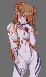 Rule 34 | 1girl, absurdres, blue eyes, bodysuit, breasts, brown hair, covered navel, cowboy shot, evangelion: 3.0+1.0 thrice upon a time, eyepatch, gloves, gradient hair, grey background, hair ornament, hand up, highres, interface headset, long hair, long sleeves, looking at viewer, medium breasts, multicolored bodysuit, multicolored clothes, multicolored hair, neon genesis evangelion, orange hair, plugsuit, rebuild of evangelion, simple background, skin tight, solo, souryuu asuka langley, standing, turtleneck, twintails, white bodysuit, yamashita shun&#039;ya
