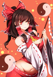 Rule 34 | 1girl, absurdres, ascot, bare shoulders, bow, breasts, brown hair, closed mouth, collarbone, cowboy shot, detached sleeves, frilled bow, frilled hair tubes, frilled shirt collar, frills, gohei, groin, hair bow, hair tubes, hakurei reimu, highres, holding, large breasts, looking at viewer, medium hair, midriff, navel, nontraditional miko, orange background, orb, ponytail, raptor7, red bow, red eyes, red ribbon, red shirt, red skirt, ribbon, ribbon-trimmed skirt, ribbon-trimmed sleeves, ribbon trim, shirt, simple background, skirt, smile, solo, standing, touhou, white ribbon, wide sleeves, yellow ascot, yin yang, yin yang orb