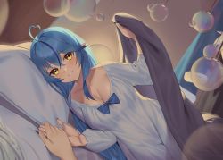 Rule 34 | 2girls, ahoge, bad id, bad pixiv id, black nails, blanket, blue bow, blue hair, blue nails, blush, bow, breasts, cleavage, commentary, crossed bangs, english commentary, head on pillow, heart, heart ahoge, highres, holding hands, hololive, indoors, jmao, large breasts, long sleeves, looking at viewer, lying, multicolored hair, multiple girls, nail polish, nightgown, on bed, on side, pillow, pointy ears, pov, pov across bed, pov hands, shishiro botan, smile, solo focus, streaked hair, under covers, virtual youtuber, yellow eyes, yukihana lamy