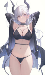 Rule 34 | 1girl, armpits, arms up, bat wings, black panties, breasts, choker, cleavage, collar, commentary, demon girl, demon horns, demon tail, demon wings, gluteal fold, grey eyes, hair lift, hair on horn, hands in hair, highres, horns, large breasts, lingerie, long hair, looking at viewer, navel, nekojira, original, panties, pointy ears, revision, simple background, solo, tail, thea (nekojira), underwear, very long hair, white background, white hair, wings