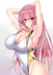 Rule 34 | 1girl, alternate hairstyle, armpits, arms behind head, arms up, bare arms, blush, breasts, breath, cleavage, collarbone, commentary request, competition swimsuit, covered navel, cowboy shot, eyelashes, fate/grand order, fate (series), florence nightingale (fate), gradient background, grey one-piece swimsuit, groin, hair between eyes, hair down, highleg, highleg swimsuit, highres, large breasts, long hair, looking at viewer, nose blush, one-piece swimsuit, pink hair, purple eyes, sankakusui, shiny skin, sideboob, sidelocks, skindentation, smell, solo, standing, sweat, swimsuit, very long hair