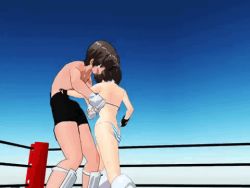 Rule 34 | animated, animated gif, arena, bikini, blood, boko877, boots, boxing ring, brown eyes, brown hair, femdom, fingerless gloves, gloves, grabbing another&#039;s hair, humiliation, kicking, knee kick, kneed, lowres, mikumikudance, panties, reverse ryona, short hair, stomping, striped clothes, striped panties, swimsuit, underwear, vomit, wrestling, wrestling ring