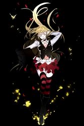 Rule 34 | 1girl, beatrice (umineko), blonde hair, boots, bug, butterfly, closed eyes, fabulous, hair down, highres, insect, necktie, petals, skirt, smile, sofy, solo, striped clothes, striped thighhighs, thighhighs, umineko no naku koro ni, waistcoat