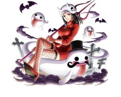 Rule 34 | 1girl, bat (animal), black hair, blue eyes, bodskih, crossed legs, fishnet thighhighs, fishnets, ghost, high heels, holding, holding weapon, long hair, looking at viewer, nico robin, one piece, one piece treasure cruise, red footwear, red sweater, shoes, sitting, smile, solo, sweater, thighhighs, transparent background, weapon