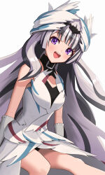 Rule 34 | 1girl, :d, absurdres, bare shoulders, black hair, blunt bangs, blush, commentary, dress, fire emblem, fire emblem engage, gonzarez, grey hair, highres, looking at viewer, multicolored hair, nintendo, open mouth, simple background, sitting, sleeveless, sleeveless dress, smile, solo, streaked hair, veyle (fire emblem), white background, white dress