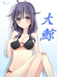 Rule 34 | 10s, 1girl, ahoge, bad id, bad twitter id, bikini, black bikini, breasts, character name, cleavage, hair flaps, hand on own chest, highres, kantai collection, long hair, looking at viewer, low twintails, navel, navy (navy.blue), o-ring, o-ring bikini, o-ring bottom, o-ring top, pink eyes, purple hair, sitting, smile, solo, swimsuit, taigei (kancolle), twintails, twitter username