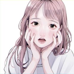 Rule 34 | 1girl, :o, black eyes, blush, clothes writing, fingernails, hands on own cheeks, hands on own face, hands up, long hair, looking at viewer, nail polish, open mouth, original, pink hair, pink nails, portrait, shirt, short sleeves, solo, tsunko (9v2 q), white shirt