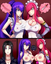 Rule 34 | 1boy, 2girls, apron, armor, black hair, blush, breast press, breasts, breasts out, busujima saeko, comic, crossover, covered erect nipples, erza scarlet, fairy tail, heart, highres, highschool of the dead, huge breasts, kallistanebula, large breasts, maid headdress, multiple girls, naked apron, nipples, purple hair, red hair, smile, sword, symmetrical docking, weapon