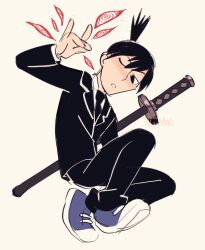 Rule 34 | 1boy, amie sanchez, animification, black hair, black jacket, black necktie, black pants, chainsaw man, collared shirt, detached eyes, formal, fox devil (chainsaw man), fox shadow puppet, hayakawa aki, highres, jacket, katana, looking at viewer, necktie, pants, ringed eyes, shirt, shirt tucked in, short hair, simple background, solo, suit, suit jacket, sword, toon (style), topknot, weapon, weapon on back, white background, white shirt